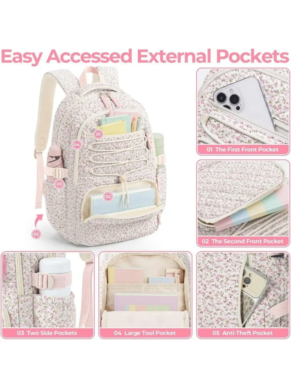 Cute Quilted Backpack for Girls, Lightweight Multi-Pocket Bookbag for School